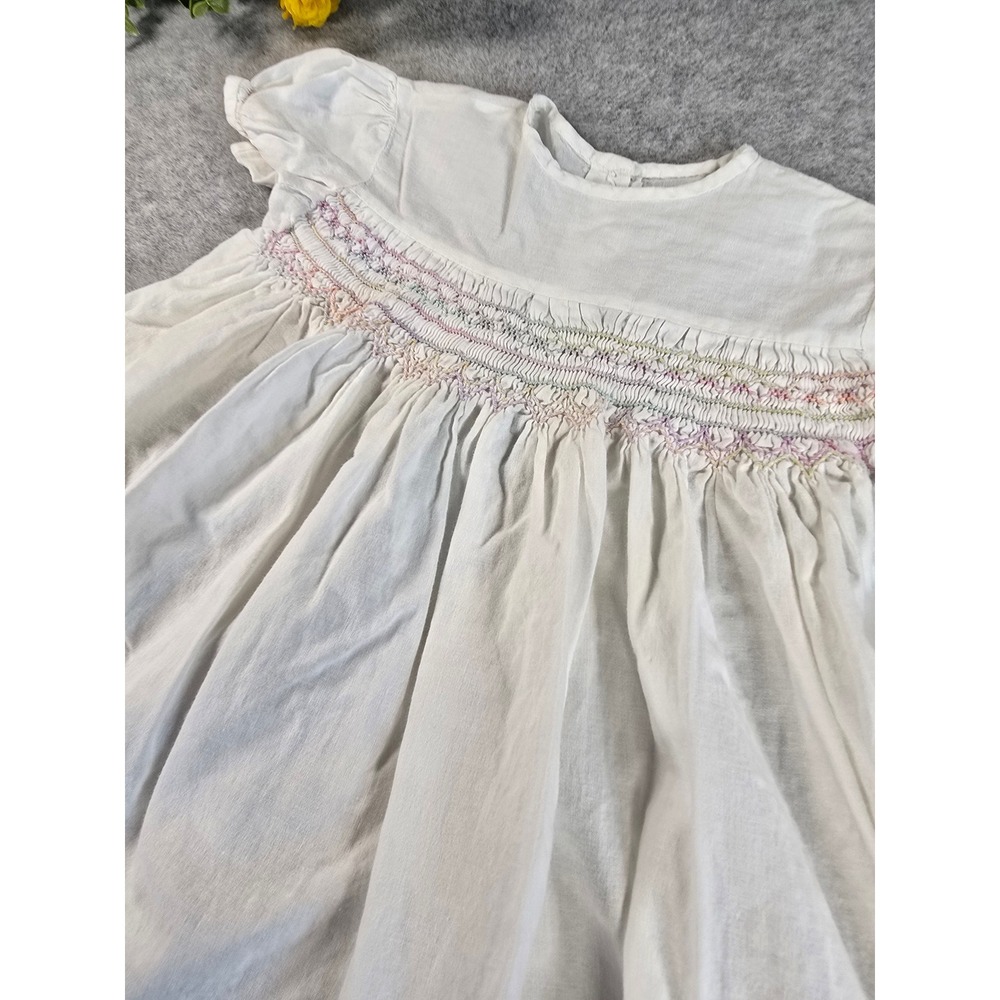 Vintage Hand Smocked Baby Dress White Cotton Pastel Embroidery Short Sleeve 3-6m - Picture 3 of 9